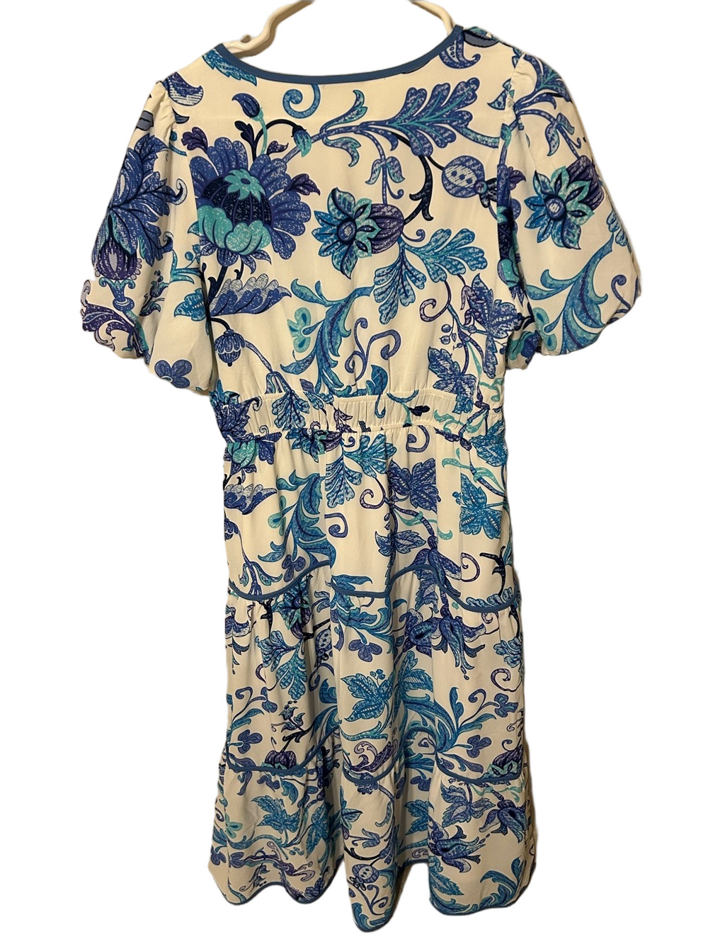 🎒Pretty Garden White & Blue Floral V-Neck Tiered Midi Dress size L GUC - Picture 5 of 15